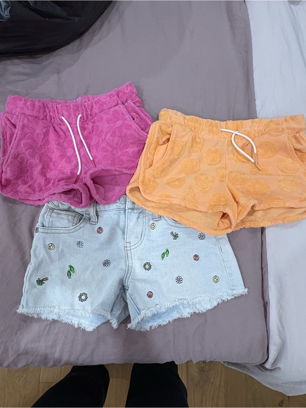 3-Piece Girls' Shorts Set - Pink, Orange Terry & Light Denim Embroidered